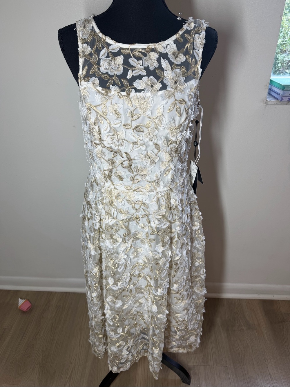 Adrianna Papell Ivory Midi Dress with Gold Floral Embroidery - Picture 4 of 10